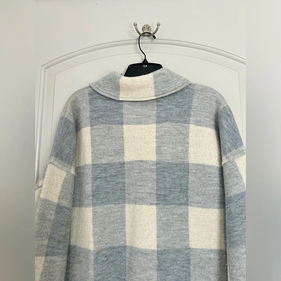 Madewell Boiled 100% Wool Half-Zip Popover Sweater Plaid Blue & White Size XS - Picture 7 of 14